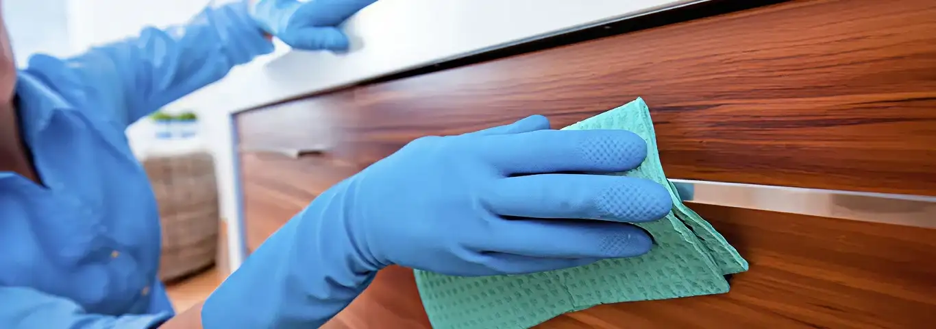 Cleaner wearing blue gloves wiping a wooden cabinet drawer with a microfiber cloth for dust and grime removal, Lowell, MA.