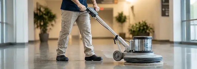 Professional technician using an industrial floor buffer to polish and maintain shiny commercial flooring in a corporate hallway in Lowell, MA.