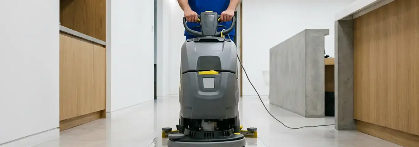 Janitorial staff using a floor scrubber machine to clean a commercial hallway, Lowell, MA.