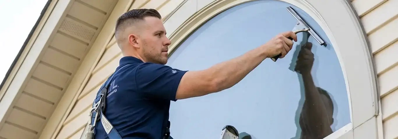Professional window cleaner using a squeegee to clean an exterior arched window on a home, Lowell, MA.