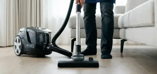 Professional house cleaner vacuuming a living room floor with a canister vacuum cleaner, Lowell, MA.