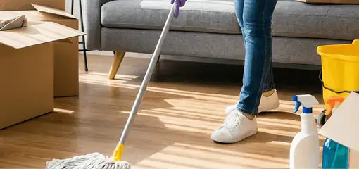 Move-out cleaning setup with a cleaner mopping hardwood floors near moving boxes and cleaning supplies, Lowell, MA.