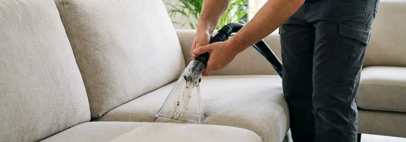 Technician extracting dirt and moisture from a fabric sofa with an upholstery cleaning wand, Lowell, MA.