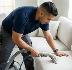 Professional upholstery cleaning technician using an extraction wand to deep-clean a fabric sofa, Lowell, MA.