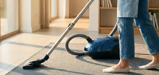 Person vacuuming a living room rug with a canister vacuum cleaner near large windows, Lowell, MA.